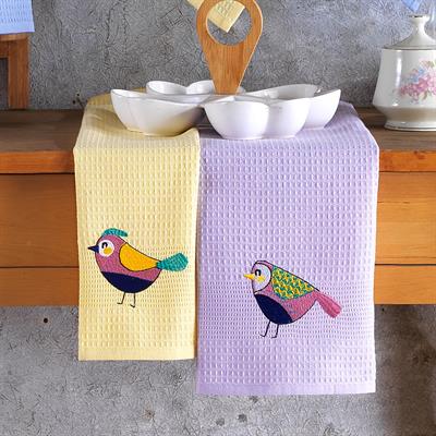 Vagonik Kuş Desenli 40x60 %100 Pamuk 6lı Nakışlı Mutfak Havlusu Kurulama Bezi