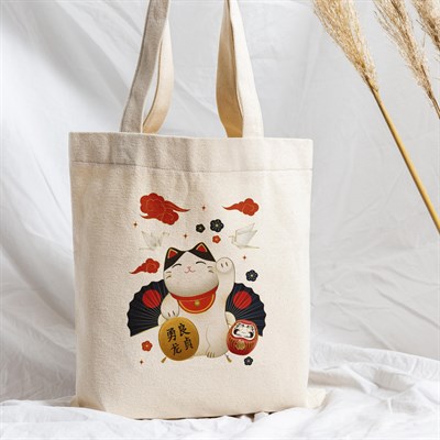 Vagonik Maneki Neko Şans Kedisi Uzak Doğu Baskılı Ham Bez Kanvas Çanta 240 Gr.