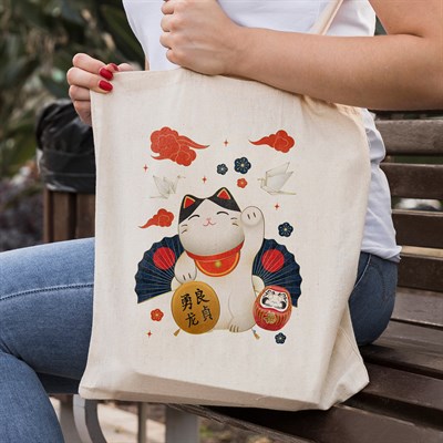 Vagonik Maneki Neko Şans Kedisi Uzak Doğu Baskılı Ham Bez Kanvas Çanta 240 Gr.