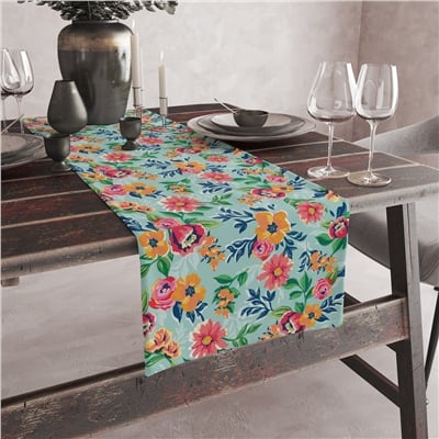 Vagonik Mavi Çiçek Desenli Dijital Baskılı Runner 140x40 cm