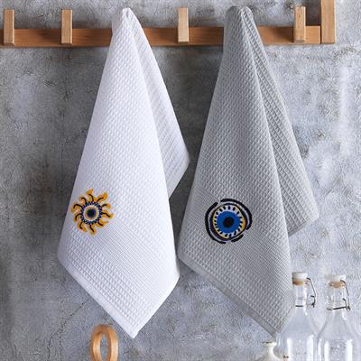 Vagonik Nazar Desenli 40x60 %100 Pamuk 6lı Nakışlı Mutfak Havlusu Kurulama Bezi