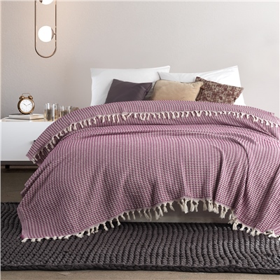 Vagonik Piramit Çift Kişilik Yatak Örtüsü 200 X 230 Cm Pike Pamuklu Koltuk Kanepe Örtüsü Püsküllü - Mürdüm