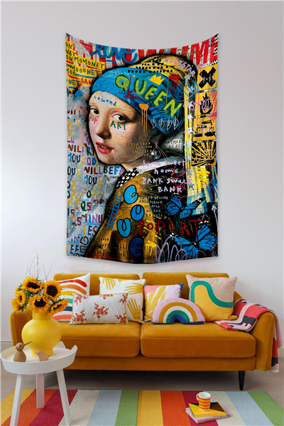 Vagonik Pop Art Johannes Vermeer İnci Küpeli Kız 2 Grafiti Duvar Örtüsü Halısı