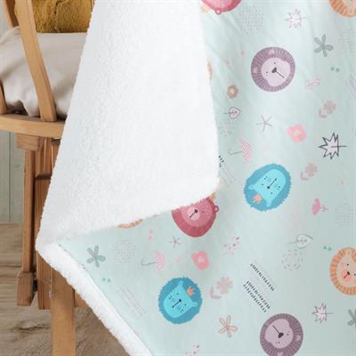 Vagonik Puffy Bebek Battaniyesi 80x80 Cm Aslan desenli Mavi Melis Koyun Tüyü Battaniye