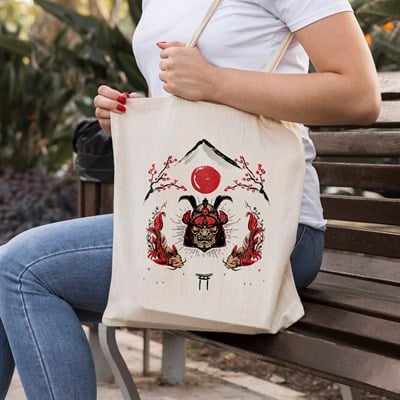 Vagonik Samuray Ve Koi Balığı Uzak Doğu Baskılı Ham Bez Kanvas Çanta 240 Gr.