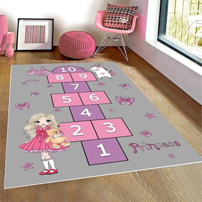 Vagonik Seksekli Oyun Halısı Prenses Desenli Dijital Baskılı Halı Kaydırmaz Tabanlı Yıkanabilir Çocuk Odası
