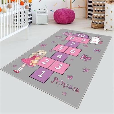 Vagonik Seksekli Oyun Halısı Prenses Desenli Dijital Baskılı Halı Kaydırmaz Tabanlı Yıkanabilir Çocuk Odası