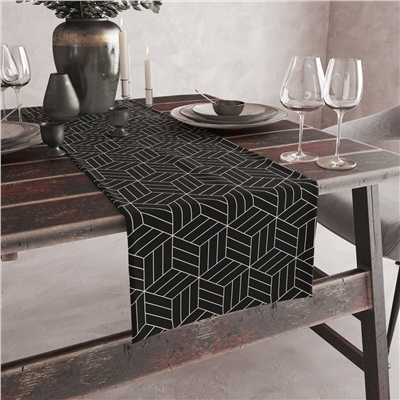 Vagonik Siyah Beyaz Küp Desenli Dijital Baskılı Runner 140x40 cm