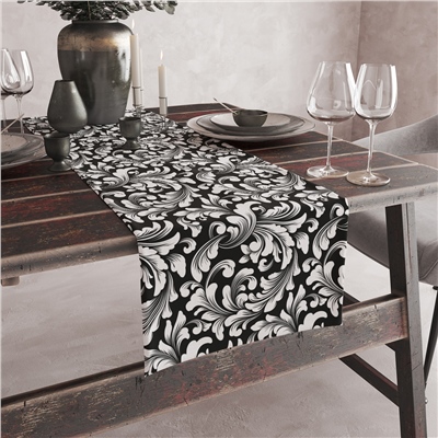 Vagonik Siyah Beyaz Yaprak Desenli Dijital Baskılı Runner 140x40 cm