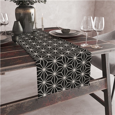 Vagonik Siyah Beyaz Yıldız Desenli Dijital Baskılı Runner 140x40 cm