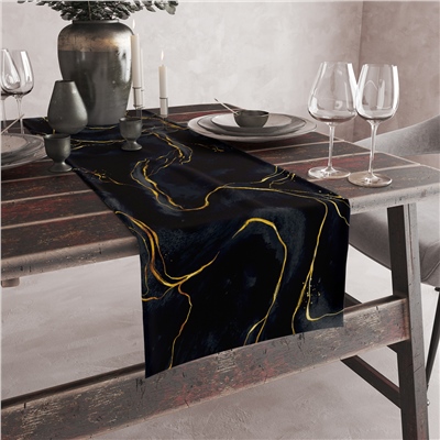 Vagonik Siyah Gold Mermer Desenli Dijital Baskılı Runner 140x40 cm