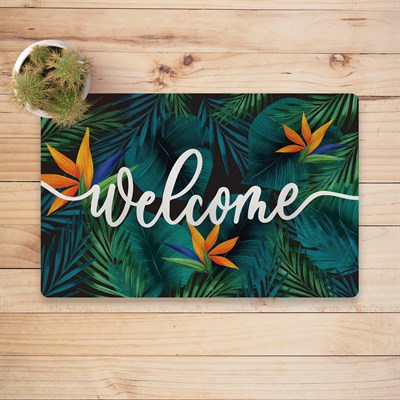 Vagonik Tropik Desenli Welcome Dijital Baskılı 50x70cm Dekoratif Çok Amaçlı Iç Ve Dış Kapı Paspası