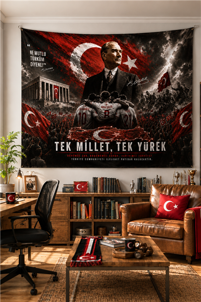 Vagonik Türk Milli Takımı ve Atatürk Duvar Örtüsü Yatay Afişi Kalın Kumaş Dünya Kupası