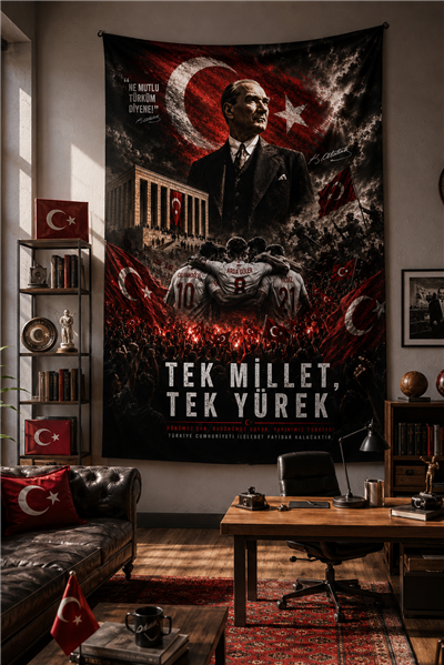 Vagonik Türk Milli Takımı ve Atatürk Duvar Örtüsü Dikey Afişi Kalın Kumaş Dünya Kupası
