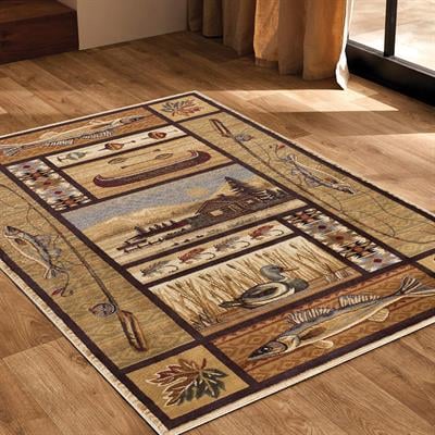 Vagonik  Vintage Kayık Balık Ve Vahşi Doğa Desenli Dijital Baskılı Halı Kaydırmaz Tabanlı Yıkanabilir Halı