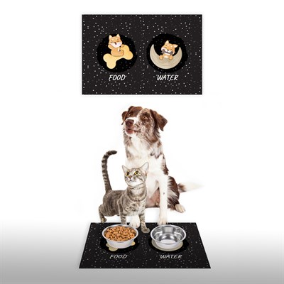 Vagonik Water Food Kedi Köpek Antrasit Dijital Baskılı 35x50cm Dekoratif Çok Amaçlı Iç Ve Dış Kapı Paspası Mama Paspası
