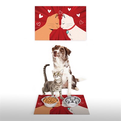 Vagonik Water Food Kedi Köpek Aşk Desenli Dijital Baskılı 35x50cm Dekoratif Çok Amaçlı Iç Ve Dış Kapı Paspası Mama Paspası