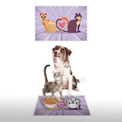 Vagonik Water Food Kedi Köpek Aşk Temalı Dijital Baskılı 35x50cm Dekoratif Çok Amaçlı Iç Ve Dış Kapı Paspası Mama Paspası