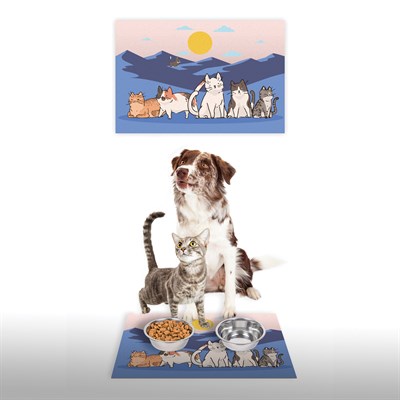 Vagonik Water Food Kedi Köpek Desenli Dijital Baskılı 35x50cm Dekoratif Çok Amaçlı Iç Ve Dış Kapı Paspası Mama Paspası