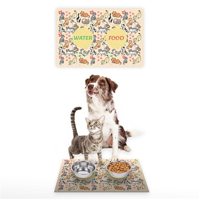 Vagonik Water Food Kedi Köpek Desenli Dijital Baskılı 35x50cm Dekoratif Çok Amaçlı Iç Ve Dış Kapı Paspası Mama Paspası