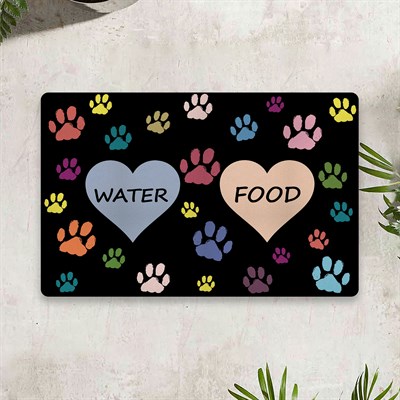 Vagonik Water Food Kedi Köpek KalpDijital Baskılı 50x70cm Dekoratif Çok Amaçlı Iç Ve Dış Kapı Paspası Mama Paspası