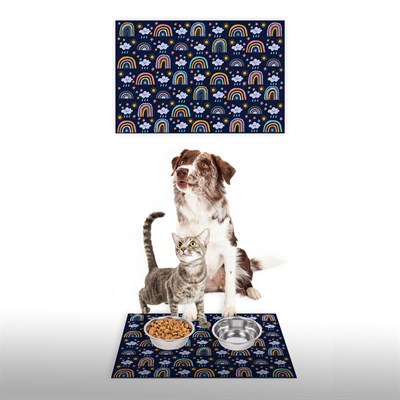 Vagonik Water Food Kedi Köpek Gökkuşağı Lacivert Dijital Baskılı 35x50cm Dekoratif Çok Amaçlı Iç Ve Dış Kapı Paspası Mama Paspası