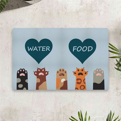 Vagonik Water Food Kedi Köpek Kalp Dijital Baskılı 50x70cm Dekoratif Çok Amaçlı Iç Ve Dış Kapı Paspası Mama Paspası