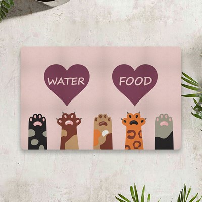 Vagonik Water Food Kedi Köpek Kalp Dijital Baskılı 50x70cm Dekoratif Çok Amaçlı Iç Ve Dış Kapı Paspası Mama Paspası