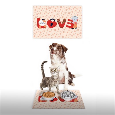 Vagonik Water Food Kedi Köpek Love Dijital Baskılı 35x50cm Dekoratif Çok Amaçlı Iç Ve Dış Kapı Paspası Mama Paspası