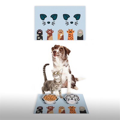 Vagonik Water Food Kedi Köpek Mavi Patili Dijital Baskılı 35x50cm Dekoratif Çok Amaçlı Iç Ve Dış Kapı Paspası Mama Paspası