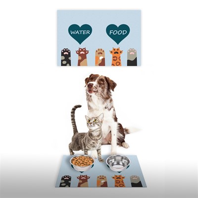 Vagonik Water Food Kedi Köpek Mavi Patili Kalp Dijital Baskılı 35x50cm Dekoratif Çok Amaçlı Iç Ve Dış Kapı Paspası Mama Paspası