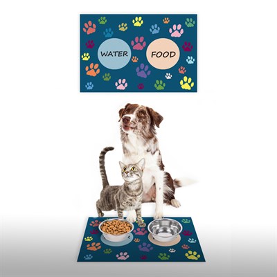 Vagonik Water Food Kedi Köpek Mavi Pati Desenli Dijital Baskılı 35x50cm Dekoratif Çok Amaçlı Iç Ve Dış Kapı Paspası Mama Paspası