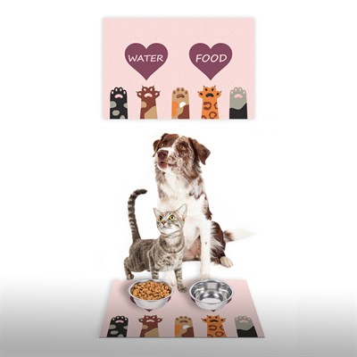Vagonik Water Food Kedi Köpek Patili Kalp Dijital Baskılı 35x50cm Dekoratif Çok Amaçlı Iç Ve Dış Kapı Paspası Mama Paspası