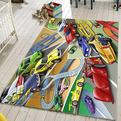 Vagonik Yarış Arabaları Desenli Renkli Dijital Baskılı Halı Kaydırmaz Tabanlı Yıkanabilir Çocuk Odası