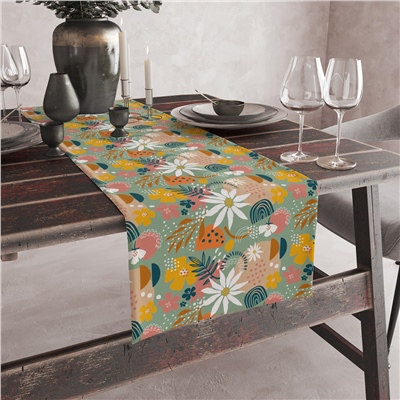 Vagonik Yeşil Çiçek Desenli Dijital Baskılı Runner 140x40 cm