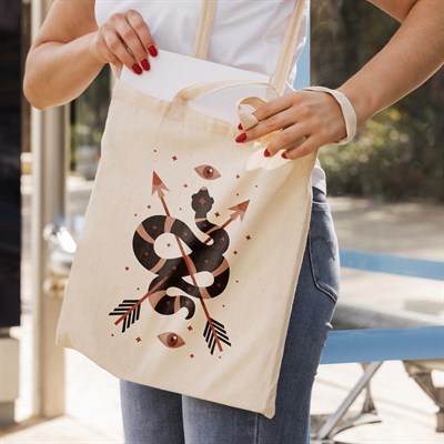 Vagonik Yılan Bohem Baskılı Ham Bez Kanvas Çanta 240 Gr.