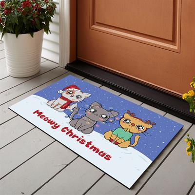 Vagonik Yılbaşı Meowy Christmas Kedili Dijital Baskılı 50x70cm Dekoratif Çok Amaçlı Iç Ve Dış Kapı Paspası