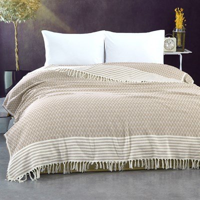 Vagonik Zigzag Kara Tezgah Dokuma Çift Kişilik Yatak Örtüsü - Bej