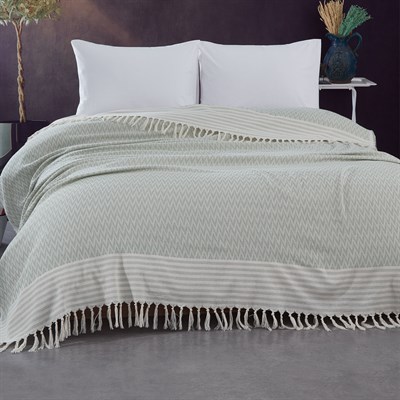 Vagonik Zigzag Kara Tezgah Dokuma Çift Kişilik Yatak Örtüsü - Su Yeşili