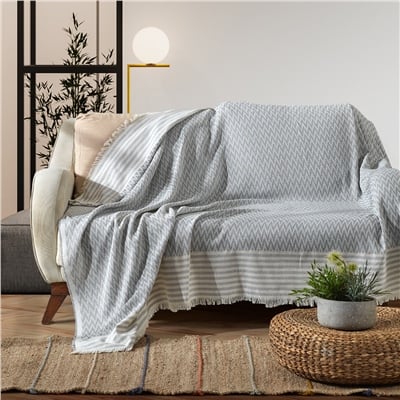 Vagonik Zigzag Natural Keten Koltuk Örtüsü | Koltuk Şalı Çekyat Örtüsü - Gri