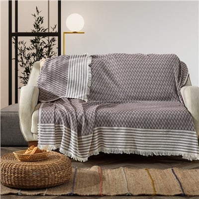 Vagonik Zigzag Natural Keten Koltuk Örtüsü | Koltuk Şalı Çekyat Örtüsü - Bordo