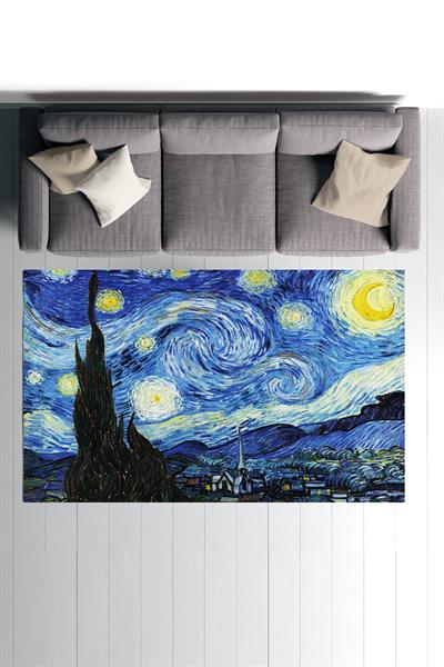 Van Gogh Yıldızlı Gece Dijital Baskılı Halı Kaydırmaz Tabanlı Yıkanabilir Halı