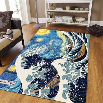 Van Gogh Yıldızlı Gece ve Büyük Dalga Dijital Baskılı Halı Kaydırmaz Tabanlı Yıkanabilir Halı