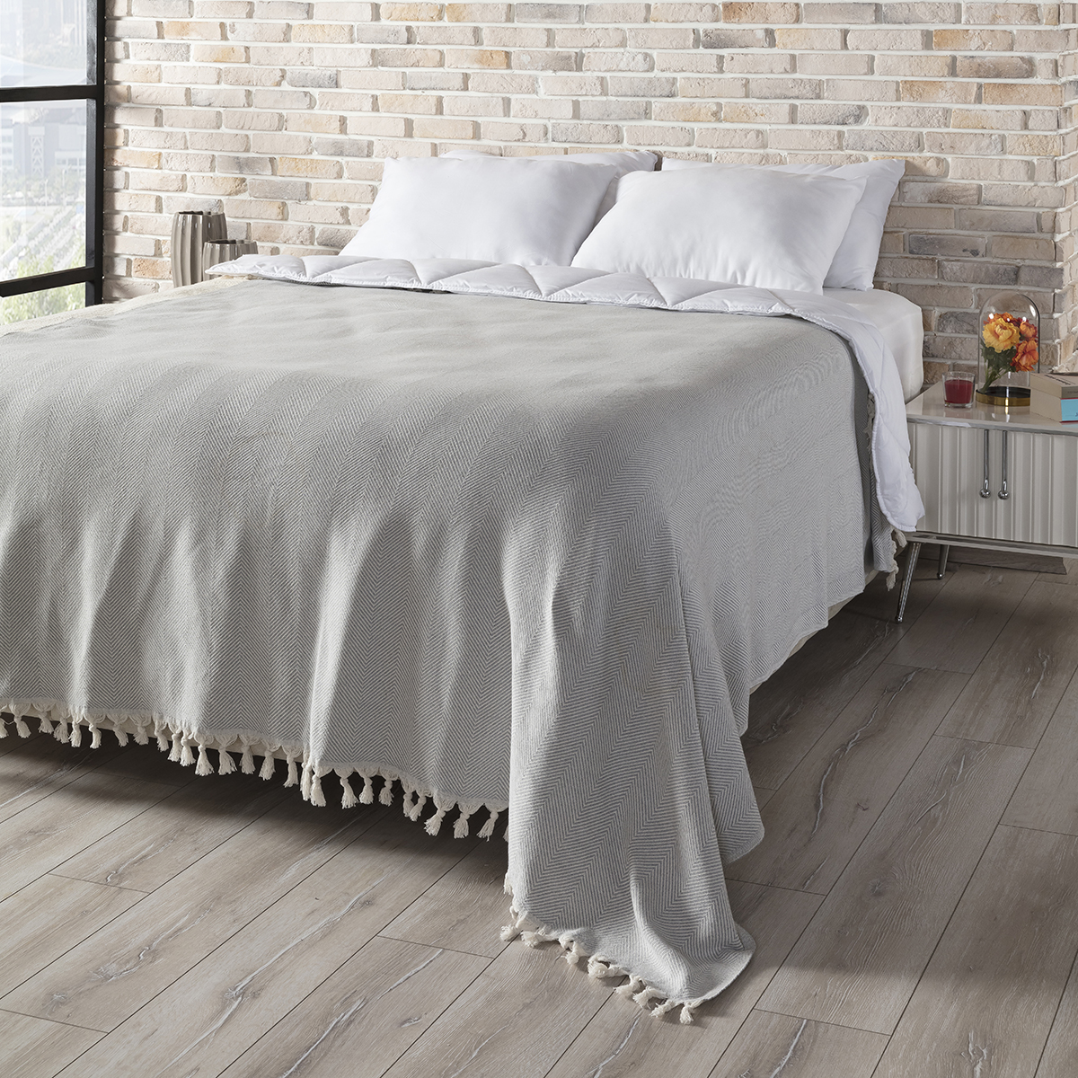 Balık Sırtı Desenli Çift Kişilik Yatak Örtüsü 200x230 Cm Gri