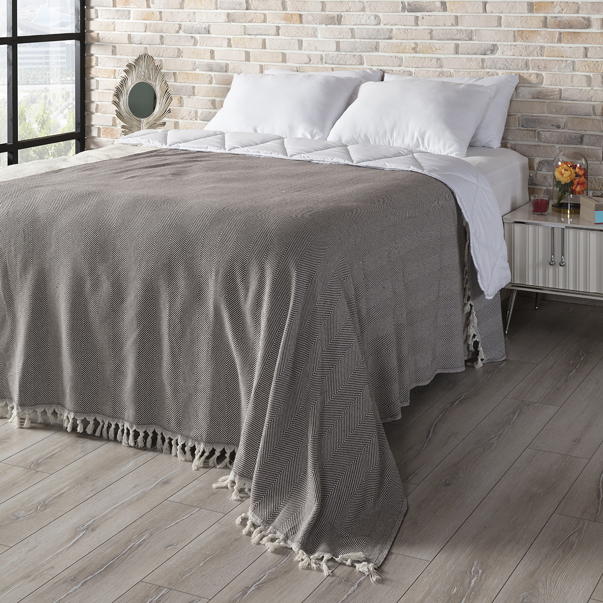 Balık Sırtı Desenli Çift Kişilik Yatak Örtüsü 200x230 Cm Kahve