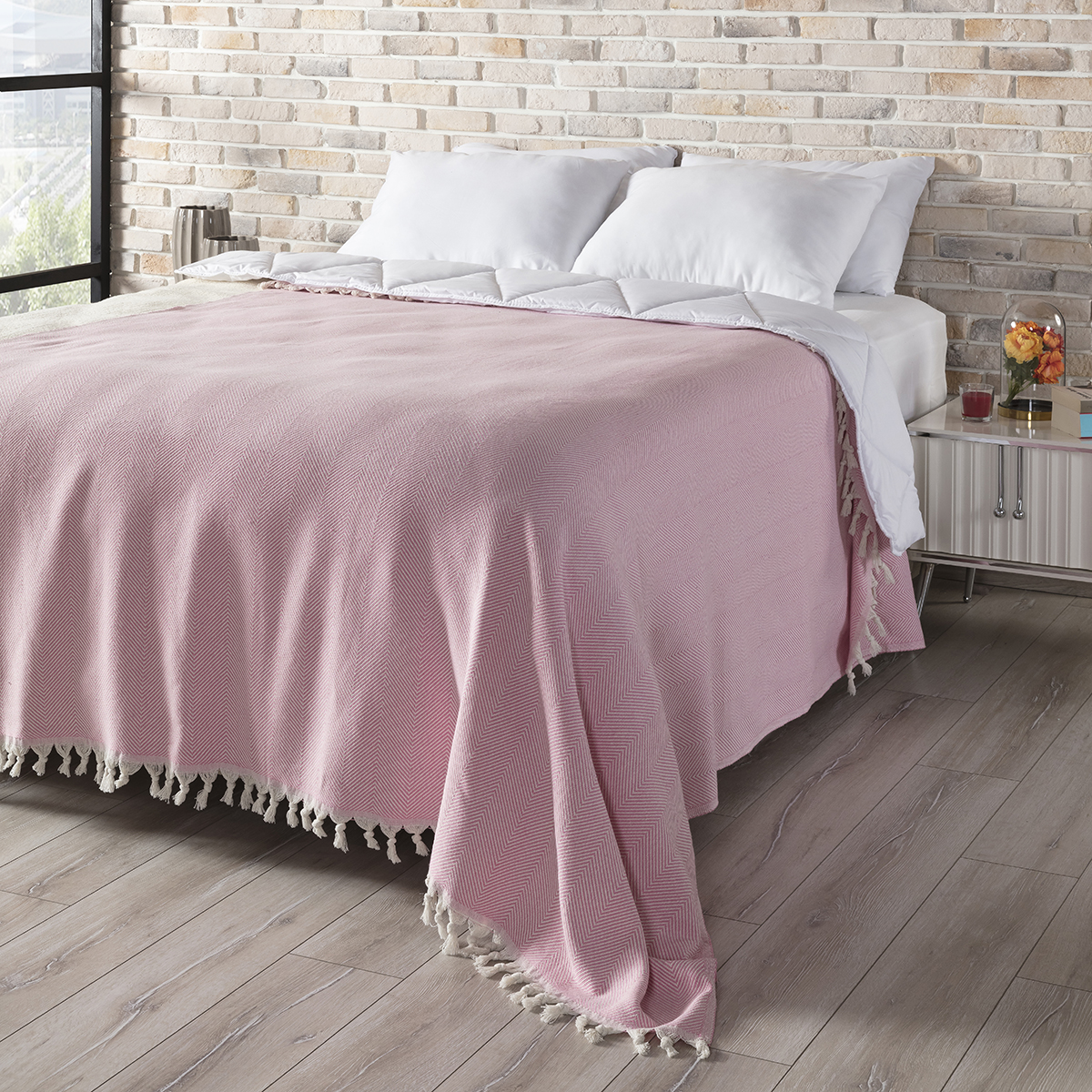 Balık Sırtı Desenli Çift Kişilik Yatak Örtüsü 200x230 Cm Pembe