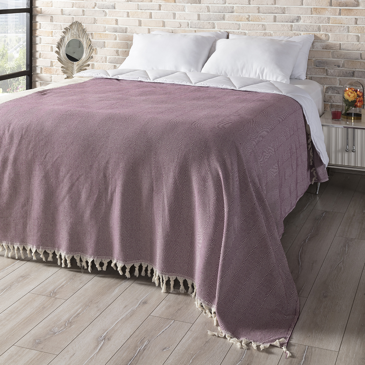 Balık Sırtı Desenli Çift Kişilik Yatak Örtüsü 200x230 Cm Bordo