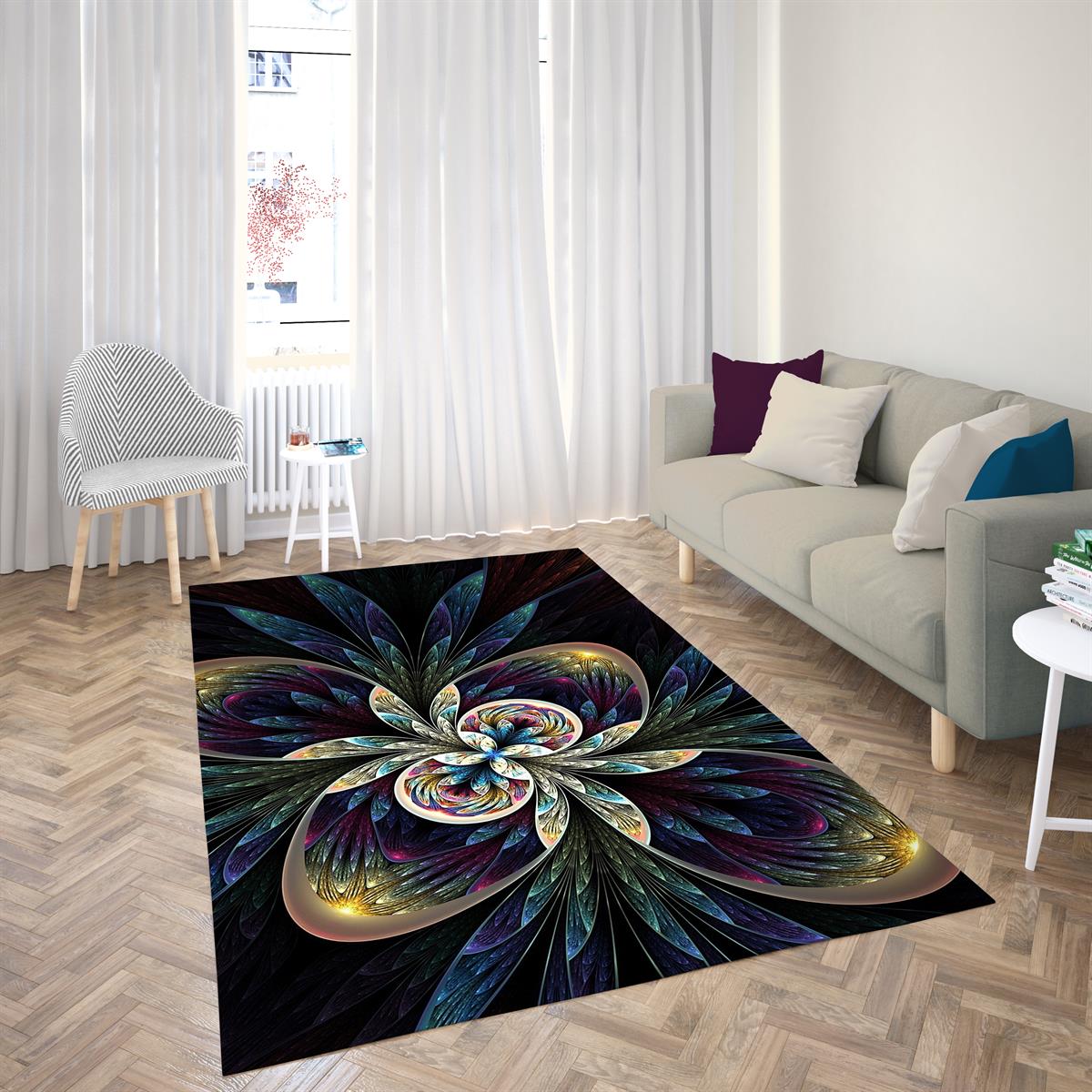 Etnik Mandala Desenli Dijital Baskılı Halı Kaydırmaz Tabanlı Yıkanabilir Halı