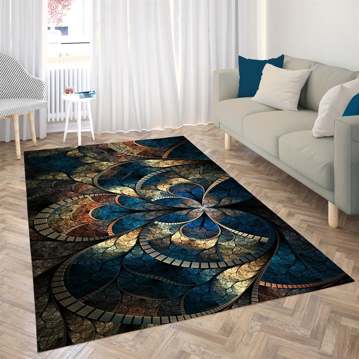 Etnik Mandala Desenli Dijital Baskılı Halı Kaydırmaz Tabanlı Yıkanabilir Halı