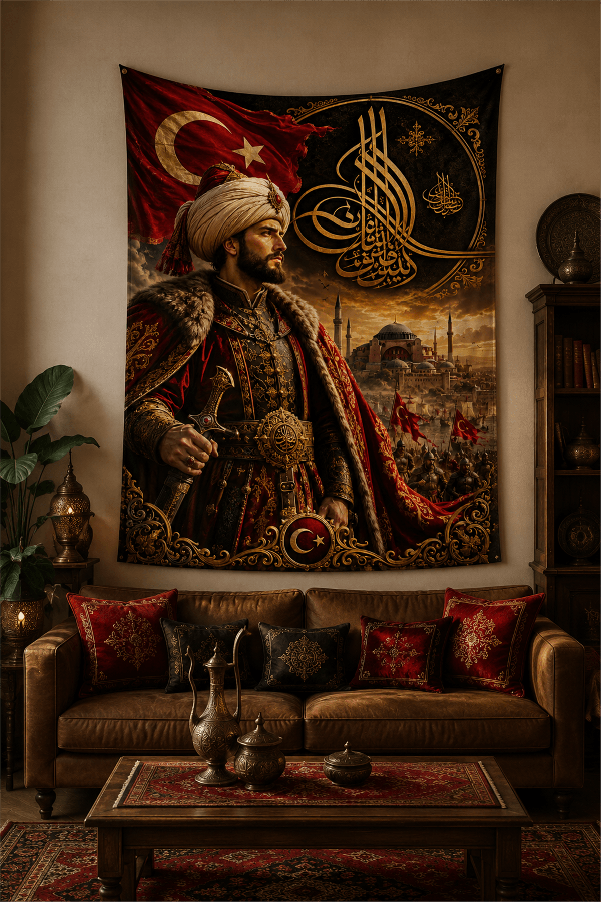 Fatih Sultan Mehmet ve Tuğra Temalı Duvar Örtüsü  Afişi Kalın Kumaş 